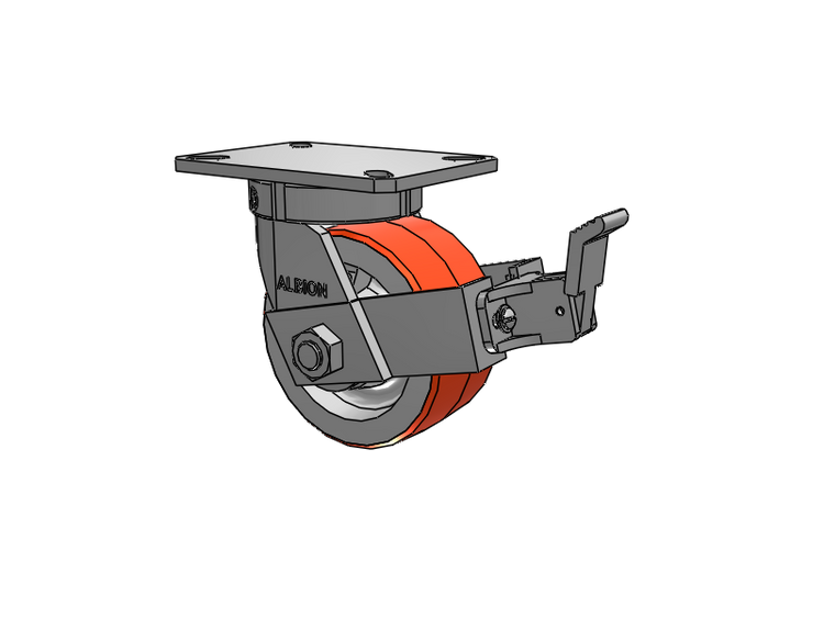 310 Series Top Plate Swivel Caster with 6 x 3 Red-Orange Tread on Cast Iron Core PY - Polyurethane 80A (Cast Iron Core) Wheel and Face Brake