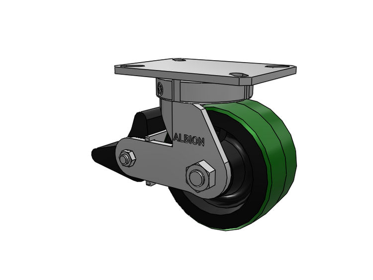 310 Series Top Plate Swivel Caster with 6 x 3 Green Tread on Black Cast Iron Core PY - Polyurethane (Cast Iron Core) Wheel and Poly Lock Integrated Brake