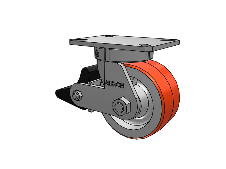 310 Series Top Plate Swivel Caster with 6 x 3 Red-Orange Tread on Cast Iron Core PY - Polyurethane 80A (Cast Iron Core) Wheel and Poly Lock Integrated Brake