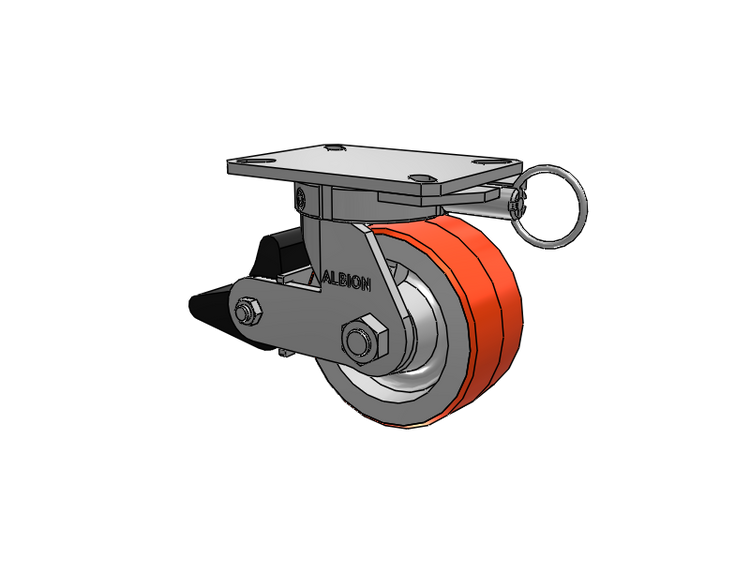 310 Series Top Plate Swivel Caster with 6 x 3 Red-Orange Tread on Cast Iron Core PY - Polyurethane 80A (Cast Iron Core) Wheel and Poly Lock Integrated Brake