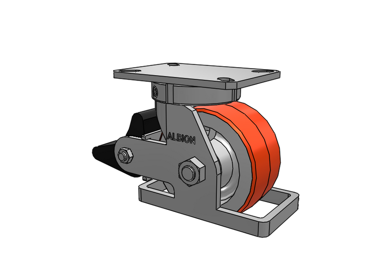 310 Series Top Plate Swivel Caster with 6 x 3 Red-Orange Tread on Cast Iron Core PY - Polyurethane 80A (Cast Iron Core) Wheel and Poly Lock Integrated Brake