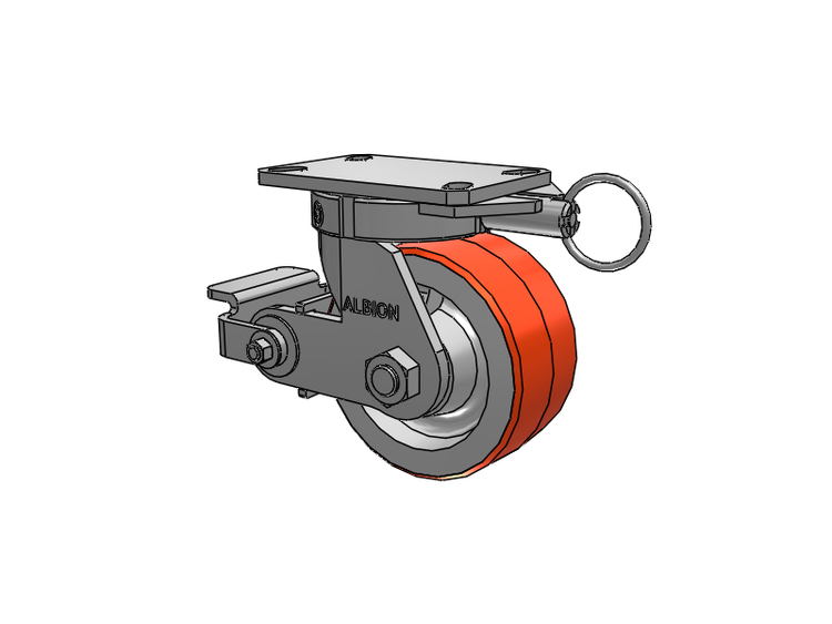 310 Series Top Plate Swivel Caster with 6 x 3 Red-Orange Tread on Cast Iron Core PY - Polyurethane 80A (Cast Iron Core) Wheel and Poly Cam Brake