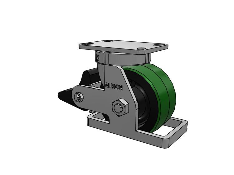 310 Series Top Plate Swivel Caster with 6 x 3 Green Tread on Black Cast Iron Core PY - Polyurethane (Cast Iron Core) Wheel and Poly Lock Integrated Brake