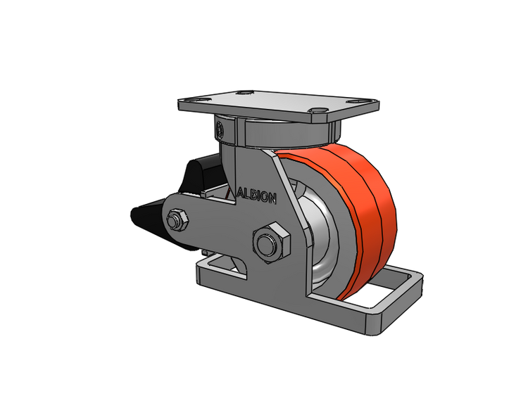 310 Series Top Plate Swivel Caster with 6 x 3 Red-Orange Tread on Cast Iron Core PY - Polyurethane 80A (Cast Iron Core) Wheel and Poly Lock Integrated Brake