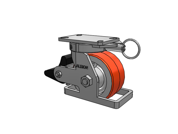 310 Series Top Plate Swivel Caster with 6 x 3 Red-Orange Tread on Cast Iron Core PY - Polyurethane 80A (Cast Iron Core) Wheel and Poly Lock Integrated Brake
