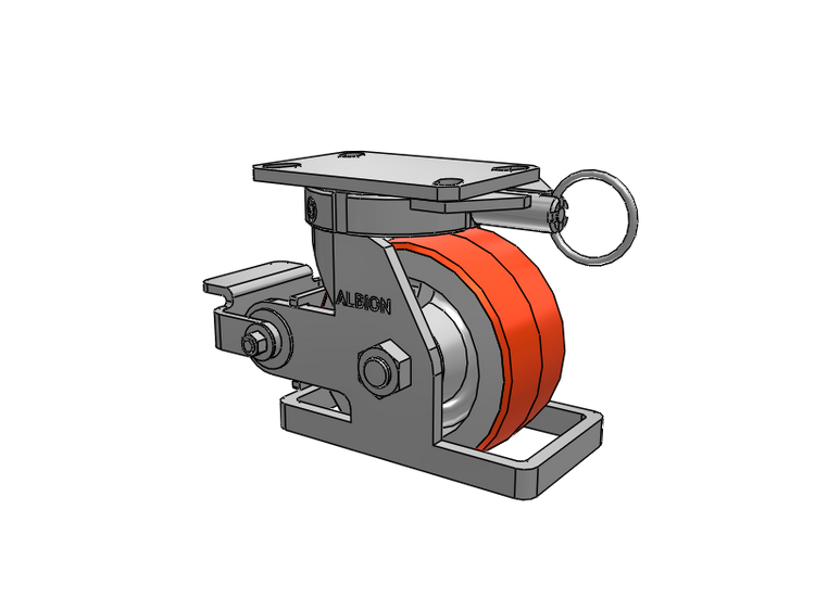 310 Series Top Plate Swivel Caster with 6 x 3 Red-Orange Tread on Cast Iron Core PY - Polyurethane 80A (Cast Iron Core) Wheel and Poly Cam Brake