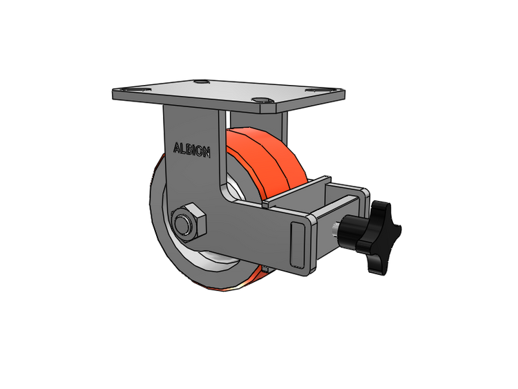 310 Series Top Plate Rigid Caster with 6 x 3 Red-Orange Tread on Cast Iron Core PY - Polyurethane 80A (Cast Iron Core) Wheel and Face Brake