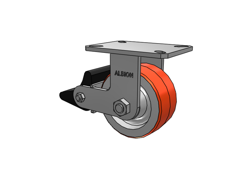 310 Series Top Plate Rigid Caster with 6 x 3 Red-Orange Tread on Cast Iron Core PY - Polyurethane 80A (Cast Iron Core) Wheel and Poly Lock Integrated Brake