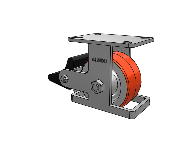 310 Series Top Plate Rigid Caster with 6 x 3 Red-Orange Tread on Cast Iron Core PY - Polyurethane 80A (Cast Iron Core) Wheel and Poly Lock Integrated Brake