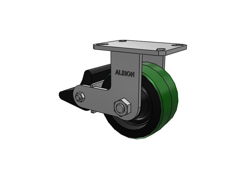 310 Series Top Plate Rigid Caster with 6 x 3 Green Tread on Black Cast Iron Core PY - Polyurethane (Cast Iron Core) Wheel and Poly Lock Integrated Brake