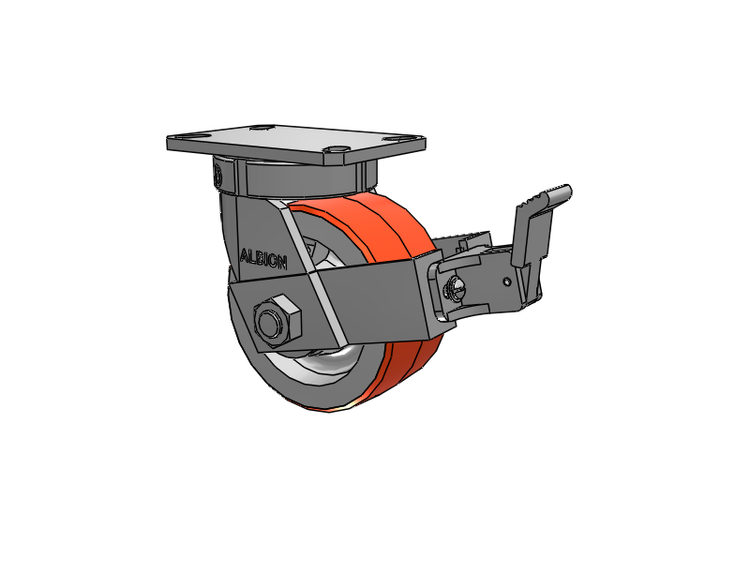 310 Series Top Plate Swivel Caster with 6 x 3 Red-Orange Tread on Cast Iron Core PY - Polyurethane 80A (Cast Iron Core) Wheel and Face Brake