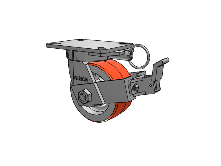 310 Series Top Plate Swivel Caster with 6 x 3 Red-Orange Tread on Cast Iron Core PY - Polyurethane 80A (Cast Iron Core) Wheel and Face Brake