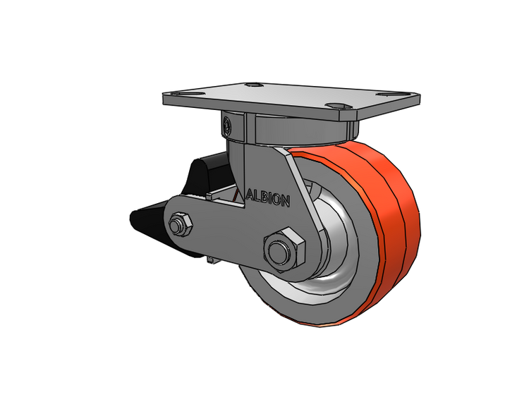 310 Series Top Plate Swivel Caster with 6 x 3 Red-Orange Tread on Cast Iron Core PY - Polyurethane 80A (Cast Iron Core) Wheel and Poly Lock Integrated Brake