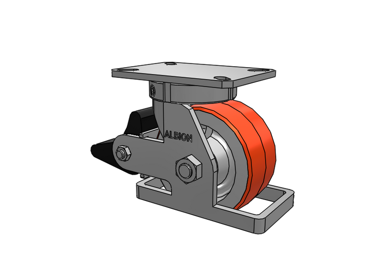 310 Series Top Plate Swivel Caster with 6 x 3 Red-Orange Tread on Cast Iron Core PY - Polyurethane 80A (Cast Iron Core) Wheel and Poly Lock Integrated Brake
