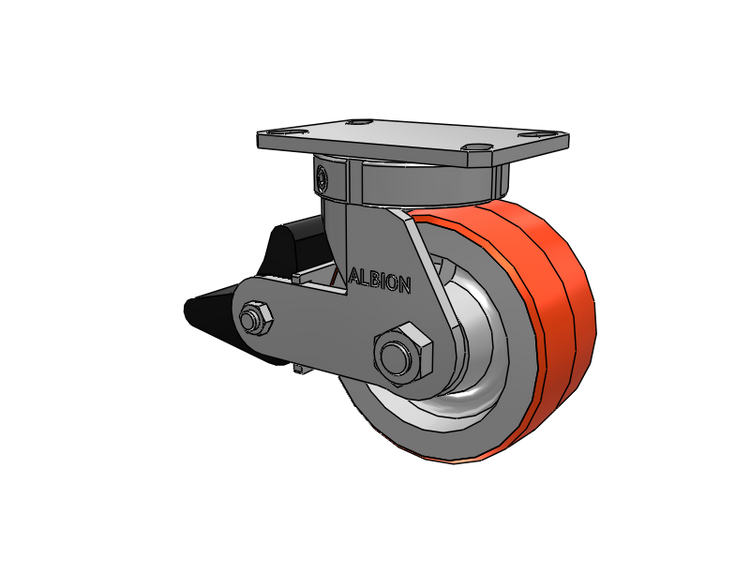 310 Series Top Plate Swivel Caster with 6 x 3 Red-Orange Tread on Cast Iron Core PY - Polyurethane 80A (Cast Iron Core) Wheel and Poly Lock Integrated Brake