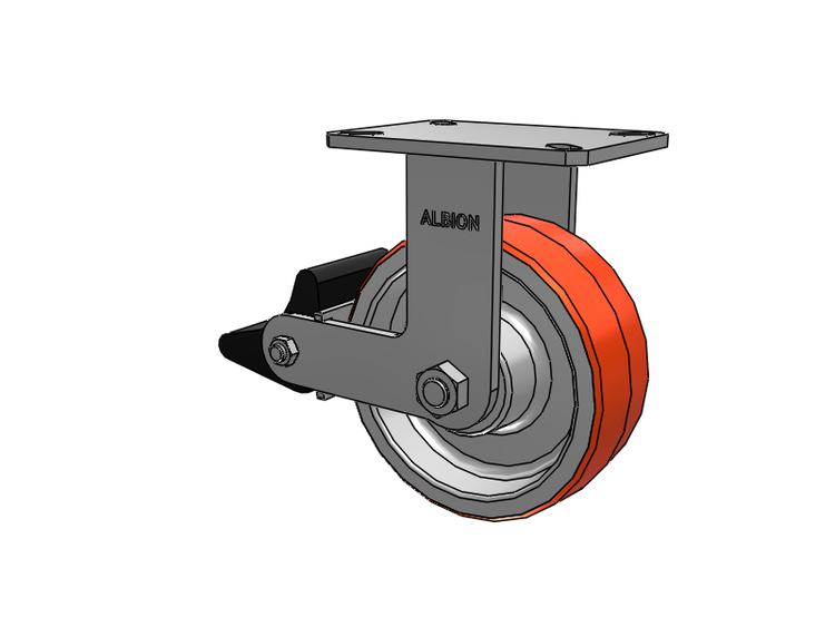 310 Series Top Plate Rigid Caster with 8 x 3 Red-Orange Tread on Cast Iron Core PY - Polyurethane 80A (Cast Iron Core) Wheel and Poly Lock Integrated Brake
