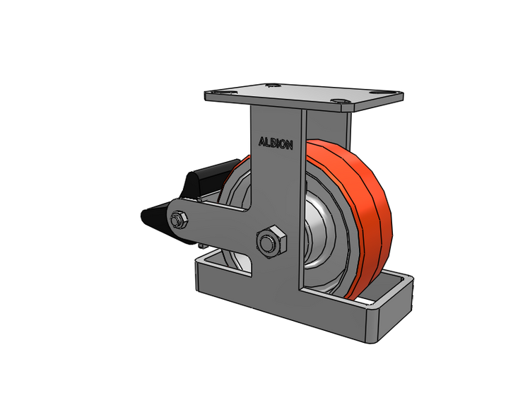 310 Series Top Plate Rigid Caster with 8 x 3 Red-Orange Tread on Cast Iron Core PY - Polyurethane 80A (Cast Iron Core) Wheel and Poly Lock Integrated Brake