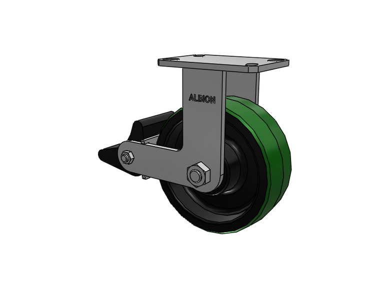 310 Series Top Plate Rigid Caster with 8 x 3 Green Tread on Black Cast Iron Core PY - Polyurethane (Cast Iron Core) Wheel and Poly Lock Integrated Brake