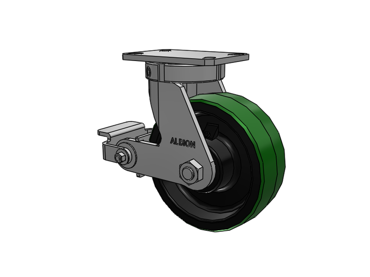 310 Series Top Plate Swivel Caster with 8 x 3 Green Tread on Black Cast Iron Core PY - Polyurethane (Cast Iron Core) Wheel and Poly Cam Brake