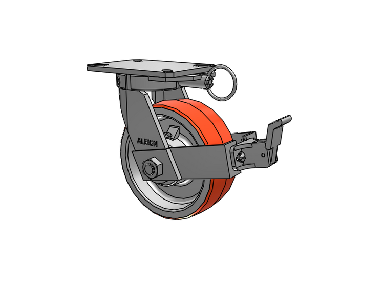 310 Series Top Plate Swivel Caster with 8 x 3 Red-Orange Tread on Cast Iron Core PY - Polyurethane 80A (Cast Iron Core) Wheel and Face Brake