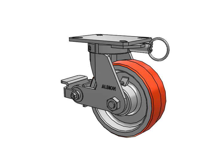 310 Series Top Plate Swivel Caster with 8 x 3 Red-Orange Tread on Cast Iron Core PY - Polyurethane 80A (Cast Iron Core) Wheel and Poly Cam Brake