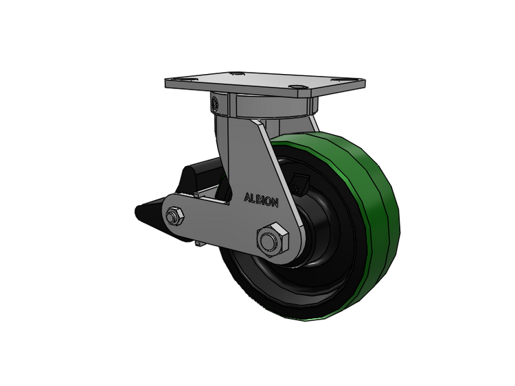 310 Series Top Plate Swivel Caster with 8 x 3 Green Tread on Black Cast Iron Core PY - Polyurethane (Cast Iron Core) Wheel and Poly Lock Integrated Brake