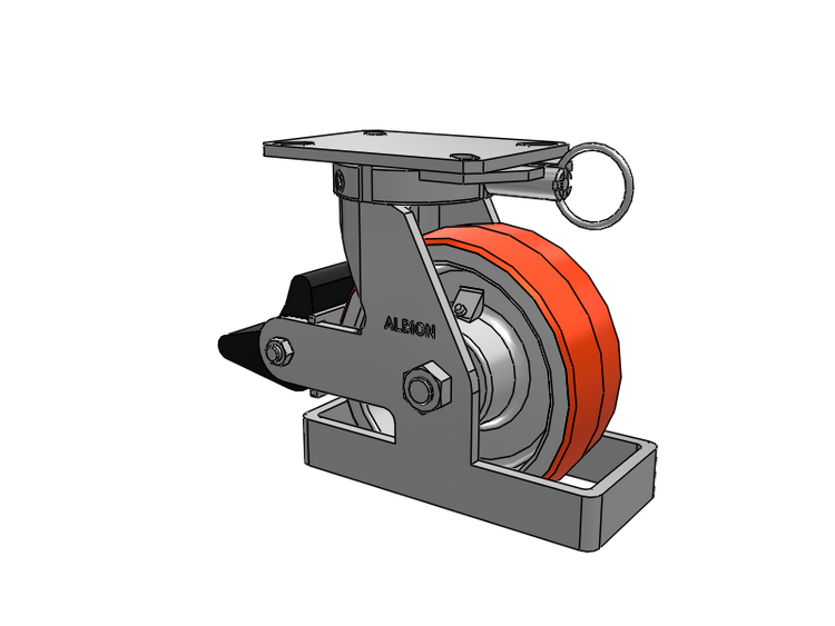 310 Series Top Plate Swivel Caster with 8 x 3 Red-Orange Tread on Cast Iron Core PY - Polyurethane 80A (Cast Iron Core) Wheel and Poly Lock Integrated Brake