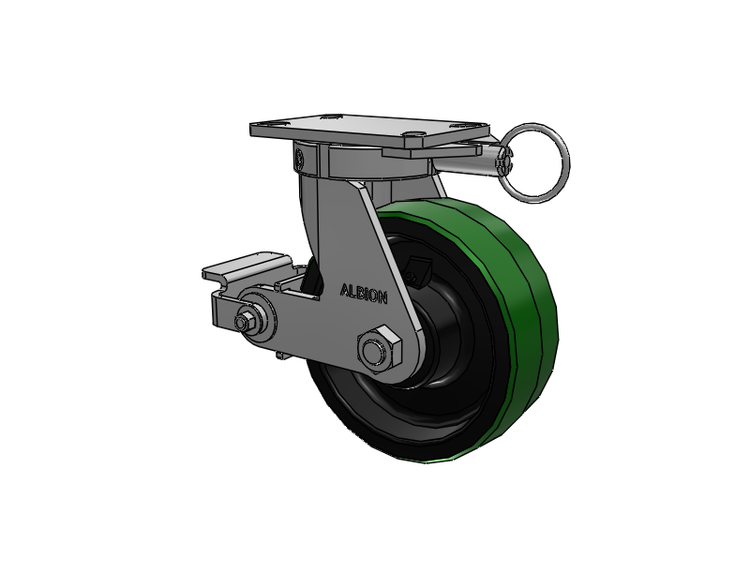 310 Series Top Plate Swivel Caster with 8 x 3 Green Tread on Black Cast Iron Core PY - Polyurethane (Cast Iron Core) Wheel and Poly Cam Brake
