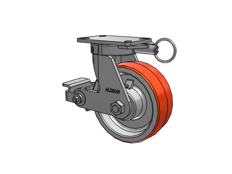 310 Series Top Plate Swivel Caster with 8 x 3 Red-Orange Tread on Cast Iron Core PY - Polyurethane 80A (Cast Iron Core) Wheel and Poly Cam Brake