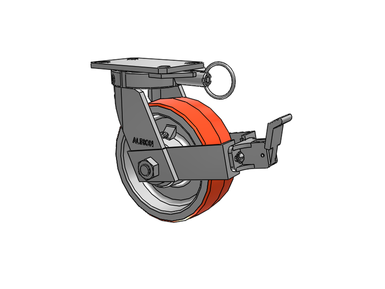 310 Series Top Plate Swivel Caster with 8 x 3 Red-Orange Tread on Cast Iron Core PY - Polyurethane 80A (Cast Iron Core) Wheel and Face Brake