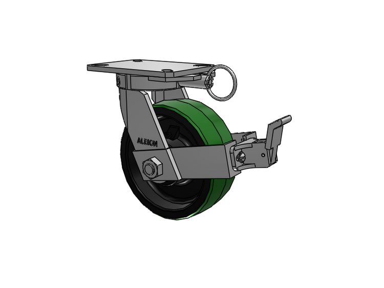 310 Series Top Plate Swivel Caster with 8 x 3 Green Tread on Black Cast Iron Core PY - Polyurethane (Cast Iron Core) Wheel and Face Brake