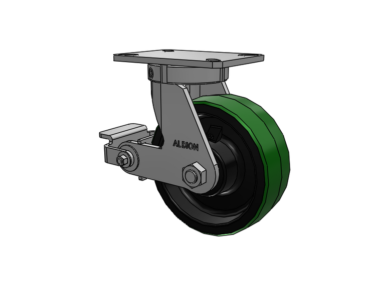 310 Series Top Plate Swivel Caster with 8 x 3 Green Tread on Black Cast Iron Core PY - Polyurethane (Cast Iron Core) Wheel and Poly Cam Brake