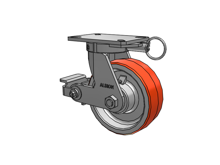 310 Series Top Plate Swivel Caster with 8 x 3 Red-Orange Tread on Cast Iron Core PY - Polyurethane 80A (Cast Iron Core) Wheel and Poly Cam Brake