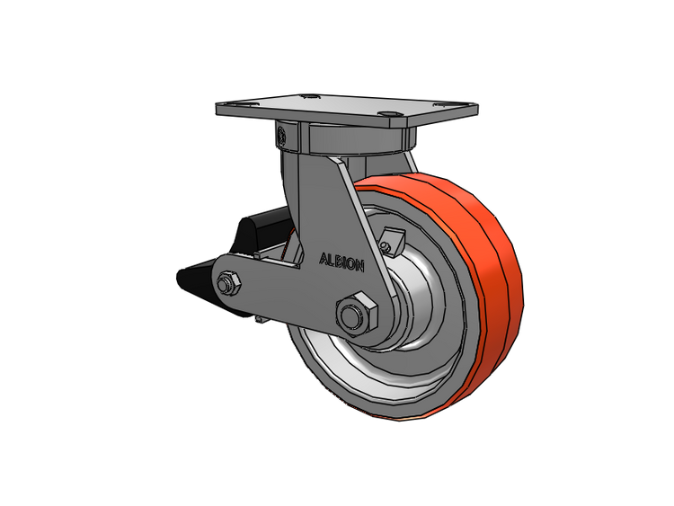 310 Series Top Plate Swivel Caster with 8 x 3 Red-Orange Tread on Cast Iron Core PY - Polyurethane 80A (Cast Iron Core) Wheel and Poly Lock Integrated Brake