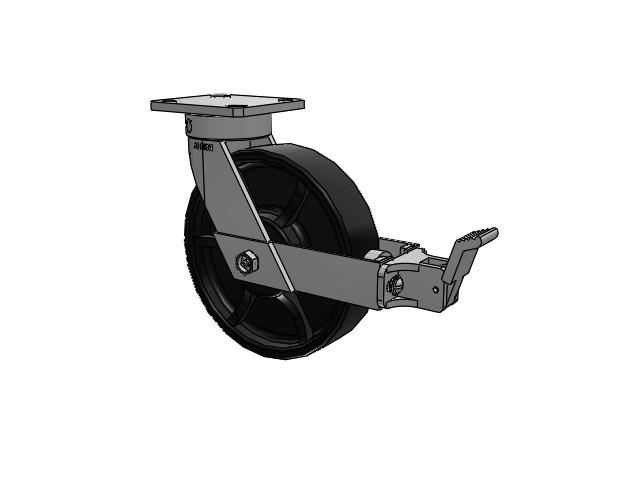 110 Series Kingpinless Top Plate Swivel Caster with 8 x 2 Black Paint FR - Ductile Iron Crowned Tread Wheel and Face Brake
