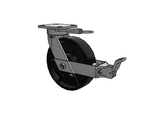 110 Series Kingpinless Top Plate Swivel Caster with 8 x 2 Black Paint FR - Ductile Iron Crowned Tread Wheel and Face Brake