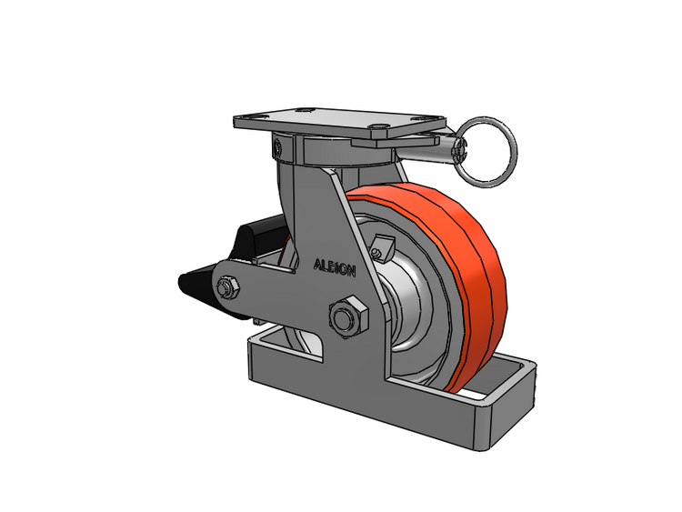 310 Series Top Plate Swivel Caster with 8 x 3 Red-Orange Tread on Cast Iron Core PY - Polyurethane 80A (Cast Iron Core) Wheel and Poly Lock Integrated Brake