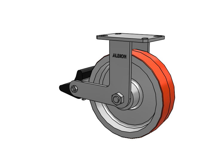 310 Series Top Plate Rigid Caster with 10 x 3 Red-Orange Tread on Cast Iron Core PY - Polyurethane 80A (Cast Iron Core) Wheel and Poly Lock Integrated Brake
