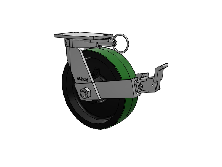 310 Series Top Plate Swivel Caster with 10 x 3 Green Tread on Black Cast Iron Core PY - Polyurethane (Cast Iron Core) Wheel and Face Brake