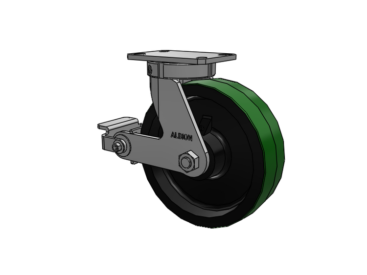 310 Series Top Plate Swivel Caster with 10 x 3 Green Tread on Black Cast Iron Core PY - Polyurethane (Cast Iron Core) Wheel and Poly Cam Brake