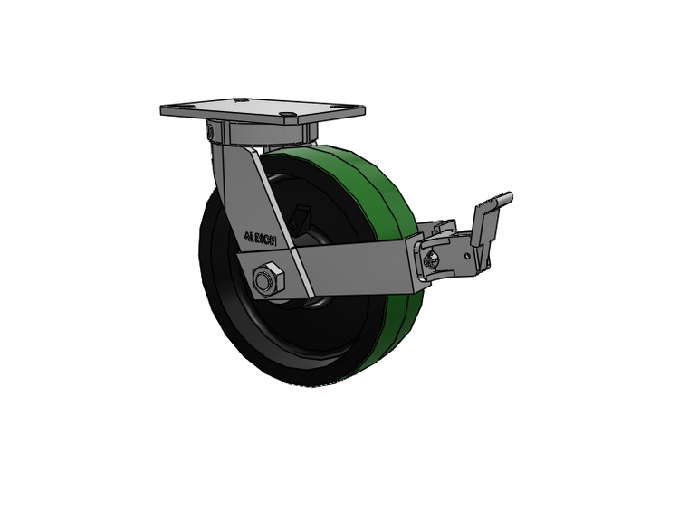 310 Series Top Plate Swivel Caster with 10 x 3 Green Tread on Black Cast Iron Core PY - Polyurethane (Cast Iron Core) Wheel and Face Brake