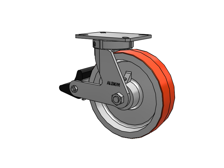 310 Series Top Plate Swivel Caster with 10 x 3 Red-Orange Tread on Cast Iron Core PY - Polyurethane 80A (Cast Iron Core) Wheel and Poly Lock Integrated Brake