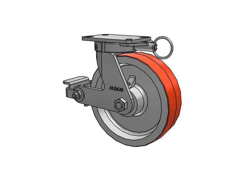 310 Series Top Plate Swivel Caster with 10 x 3 Red-Orange Tread on Cast Iron Core PY - Polyurethane 80A (Cast Iron Core) Wheel and Poly Cam Brake