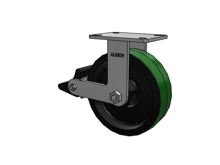 310 Series Top Plate Rigid Caster with 10 x 3 Green Tread on Black Cast Iron Core PY - Polyurethane (Cast Iron Core) Wheel and Poly Lock Integrated Brake