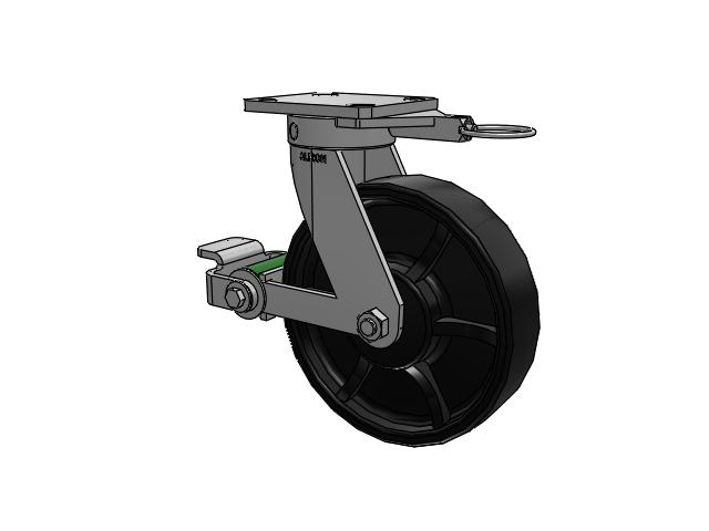110 Series Kingpinless Top Plate Swivel Caster with 8 x 2 Black Paint FR - Ductile Iron Crowned Tread Wheel and Poly Cam Brake