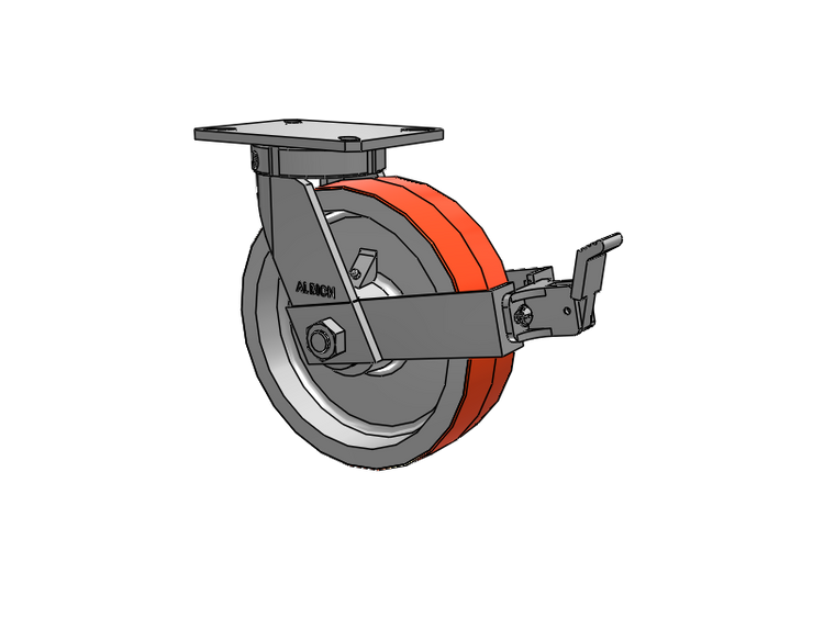 310 Series Top Plate Swivel Caster with 10 x 3 Red-Orange Tread on Cast Iron Core PY - Polyurethane 80A (Cast Iron Core) Wheel and Face Brake