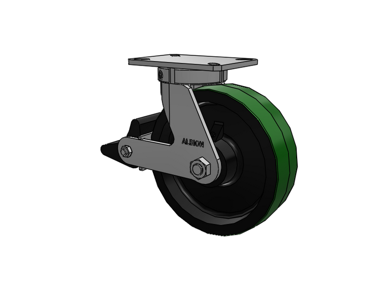 310 Series Top Plate Swivel Caster with 10 x 3 Green Tread on Black Cast Iron Core PY - Polyurethane (Cast Iron Core) Wheel and Poly Lock Integrated Brake