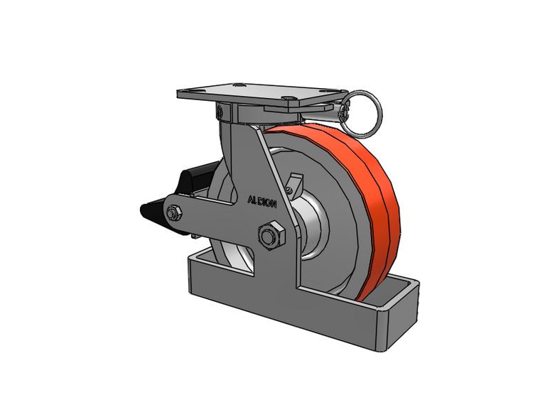 310 Series Top Plate Swivel Caster with 10 x 3 Red-Orange Tread on Cast Iron Core PY - Polyurethane 80A (Cast Iron Core) Wheel and Poly Lock Integrated Brake