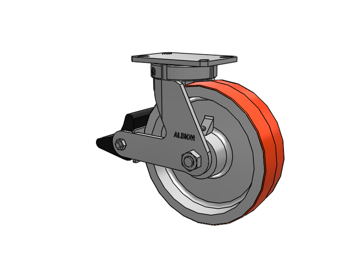 310 Series Top Plate Swivel Caster with 10 x 3 Red-Orange Tread on Cast Iron Core PY - Polyurethane 80A (Cast Iron Core) Wheel and Poly Lock Integrated Brake