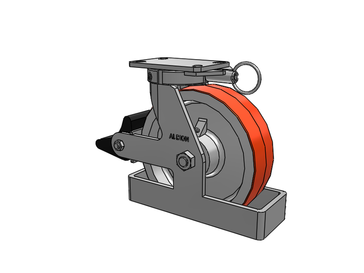 310 Series Top Plate Swivel Caster with 10 x 3 Red-Orange Tread on Cast Iron Core PY - Polyurethane 80A (Cast Iron Core) Wheel and Poly Lock Integrated Brake